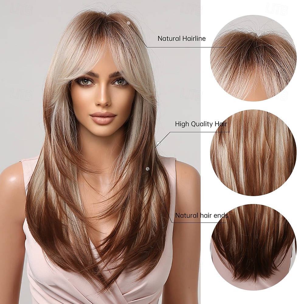 Synthetic Wig Straight kinky Straight Layered Haircut Neat Bang With Bangs Machine Made Wig 22 inch Brown / White Synthetic Hair Women's Cute Cosplay Party Mixed Color 2026 - $29.99 –P5