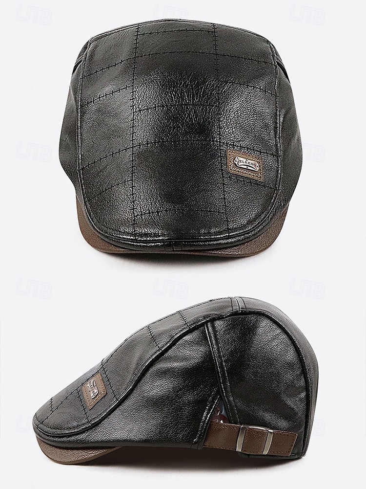 braune Schiebermütze aus Kunstleder für Herren mit gestepptem Design – klassische Vintage-Zeitungsjungenmütze für die Freizeit und den Outdoor-Bereich 2025 - $14.99 –P5