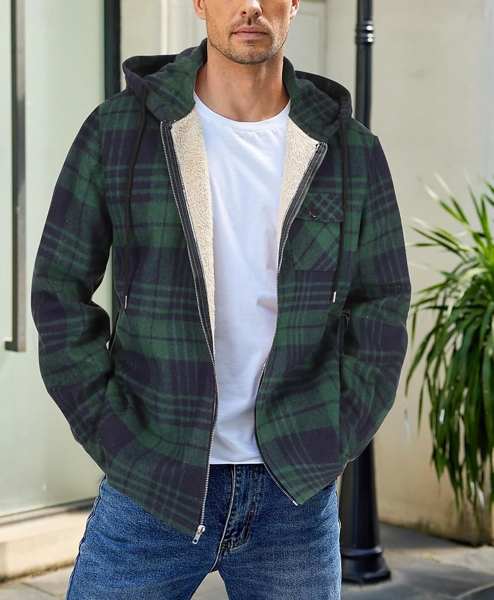 Herren Hemdjacke Kapuzenjacke Shacket Flanell-Fleecejacke Täglich Urlaub warm Mit Kapuze Herbst Winter Schottenstoff Kariert Modisch Strassenmode Kargen Standard Schwarz Dunkelrot Hellgrün Rote Blau 2025 - $60.99 –P40