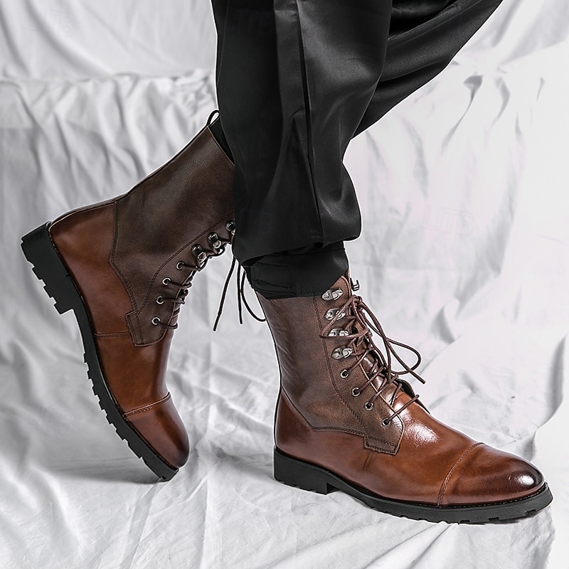 braune Militärstiefel aus Kunstleder für Herren mit Schnürung – strapazierfähige Stiefeletten für Outdoor-Aktivitäten und die Freizeit 2025 - $64.99 –P1
