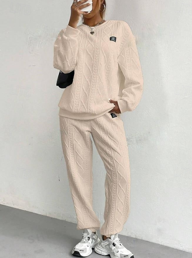 Damen Sport Modisch Bluse Hosen Hose Langarm Rundhalsausschnitt Feste Farbe Arbeit Casual Täglich Weiß Frühling Lockere Passform 2025 - $49.99 –P3