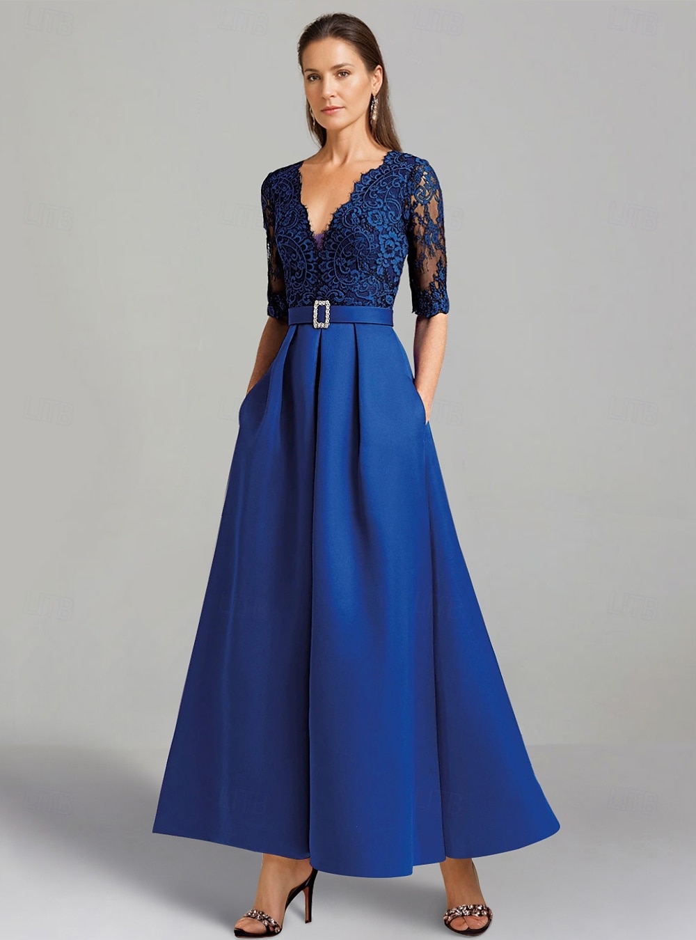 A-line šaty pro matku nevěsty Elegantní vysoké nízké V-výstřih asymetrické Délka k kotníkům Saténový krajkový rukáv 1/2 s krajkou barevný blok zdarma vlastní velikost 2025 - $191.99 –P1