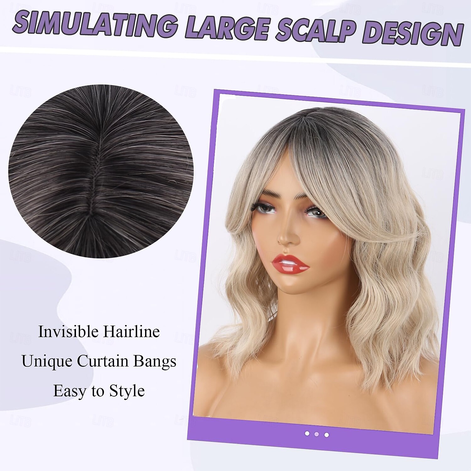 Short Wavy Bob Wig with Curtain Bangs,Short Wavy Wig with Dark Roots Bob Wigs for Women Natural Looking Bob Wavy Wig with Bangs 2025 - $18.99 –P8