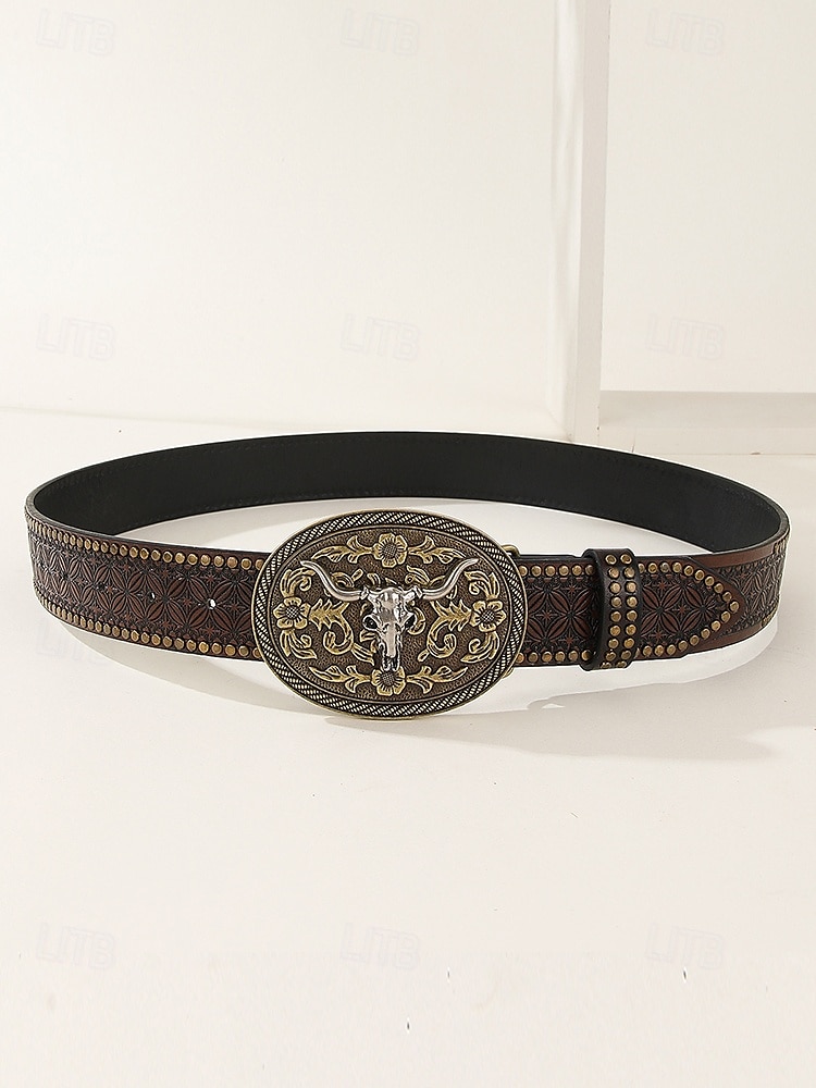 miesten länsimainen keinonahkavyö, jossa kaiverrettu kukkakuvio ja härkäkallosolki – vintage-tyylinen cowboy-vyö rodeoon ja vapaa-aikaan 2025 - $19.99 –P2