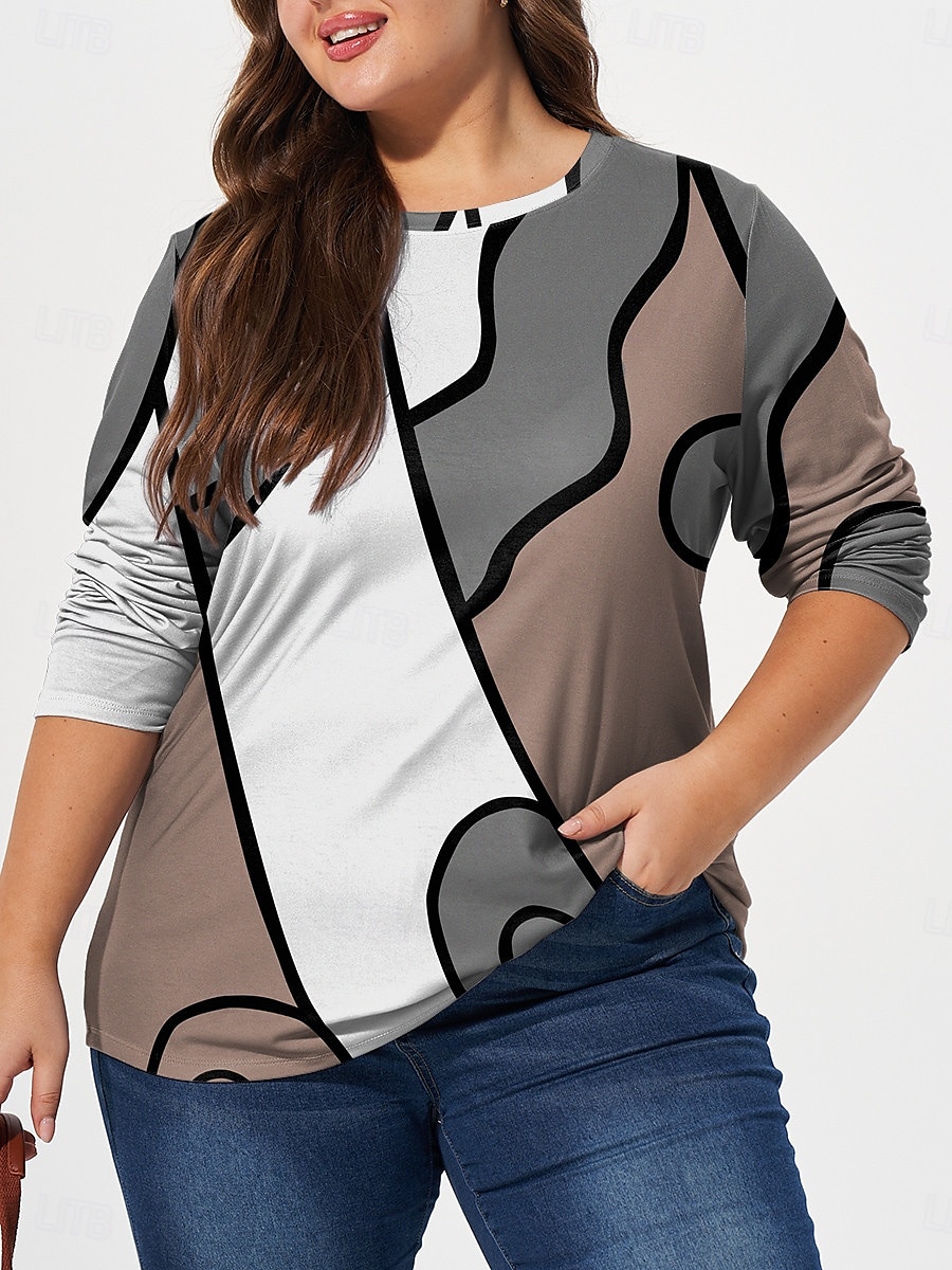 T-shirt à manches longues et col ras du cou pour femme, haut grande taille, imprimé en blocs de couleurs, décontracté, quotidien, automne, hiver, bleu, vert de 2025 ? $19.99 –P1