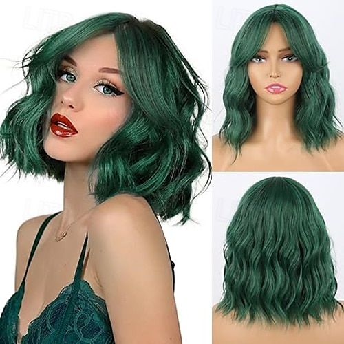 peruca curta ondulada bob com franja cortina, peruca curta ondulada com raízes escuras perucas bob para mulheres peruca bob ondulada de aparência natural com franja de 2025 por $18.99 –P2