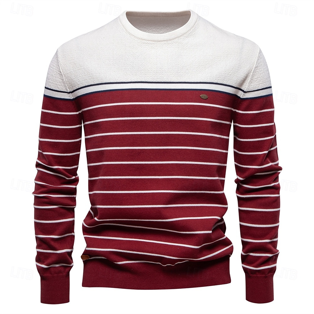 Herren Pullover Gerippt Stricken Normale Oberteile Farbblock Gestreift Rundhalsausschnitt Strickware Täglich Outdoor Urlaub Bekleidung Frühling Herbst Wein Marineblau S M L 2025 - $34.99 –P5
