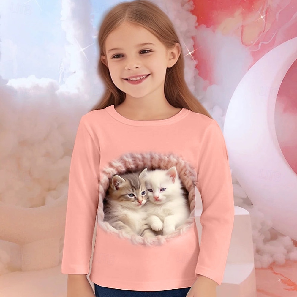 Flickor 3D Grafisk Djur Katt T-shirt Långärmad Vår Höst Mode Grundläggande Barn 4-12 år Rund hals Utomhus Ledigt Dagligen Normal 2025 - $13.99 –P6