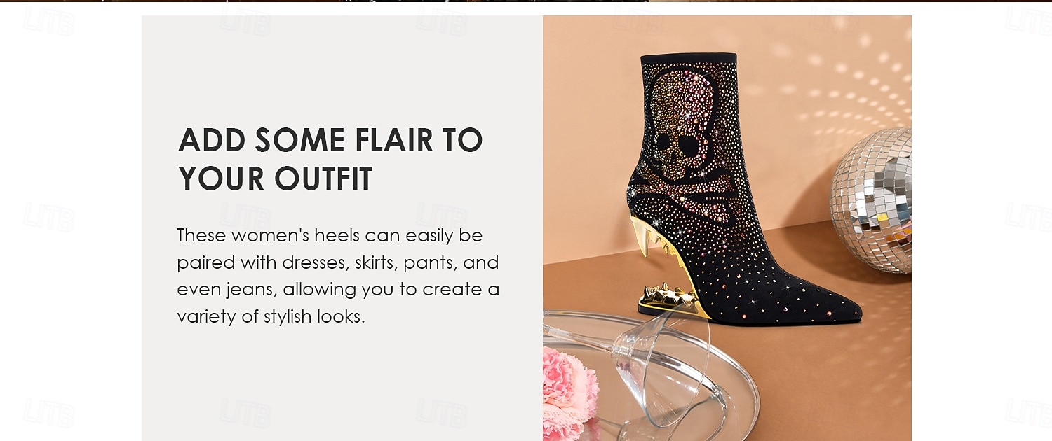 bottines noires à tête de mort pour femmes avec ornements en strass et talons découpés dorés – talons audacieux pour la mode gothique et les fêtes de 2025 ? $129.99 –P2