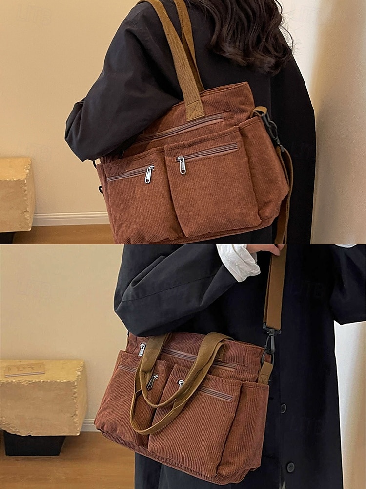 torba typu tote vintage z kordu z wieloma kieszeniami na suwak - swobodna torebka damska 2025 - $26.99 –P3