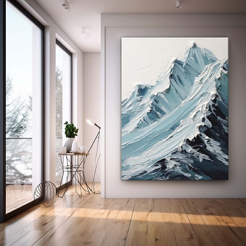 blau-weißes Schneegemälde, handgemachtes Berggemälde, dickes strukturiertes Kunstwerk, Ölgemälde, handgemaltes Berggemälde mit Palettenmesser, personalisiertes 3D-Ölgemälde, Wohndekor 2025 - $116.99 –P2