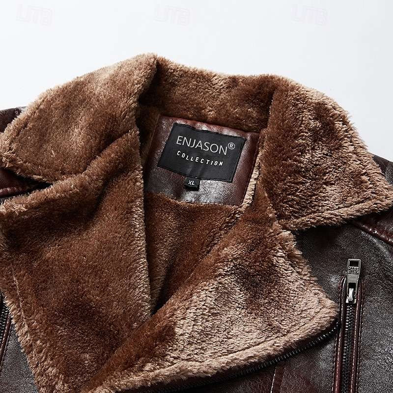 Herr Imitationsläderjacka Fleece-jacka Bikerjacka Motorcykeljacka Dagligen Semester Vindtät Håller värmen Ficka Höst vinter Slät Mode Klassisk Kavajslag Normal Svart Rubinrött Brun Kaffe Jacka 2025 - $86.99 –P15