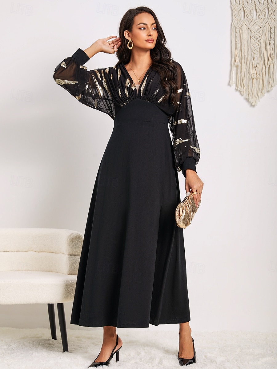 Women's Long Dress Sheer Feather Print Sleeves V-neck Black Festive Party Elegant Maxi Winter Fall Clothing Apparel 2025 - $99.99 –P11