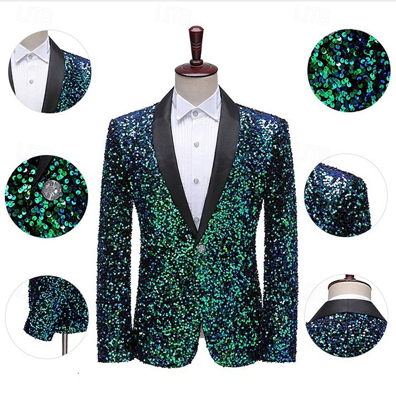 Men's Blazer Jacket Tuxedo Party Sparkle Sequin Polka Dot Blazer Black White Green Standard Fit Single Breasted One-button 2025 - $97.99 –P4