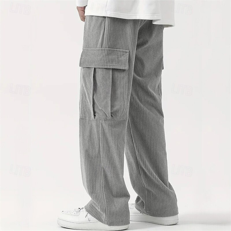 Men's Cargo Pants Corduroy Pants Trousers Straight Leg Sweatpants Elastic Waist Drawstring Multi Pocket Plain Wearable Outdoor Daily Camping & Hiking Fashion Classic Black Army Green 2025 - GBP £19.65 –P13