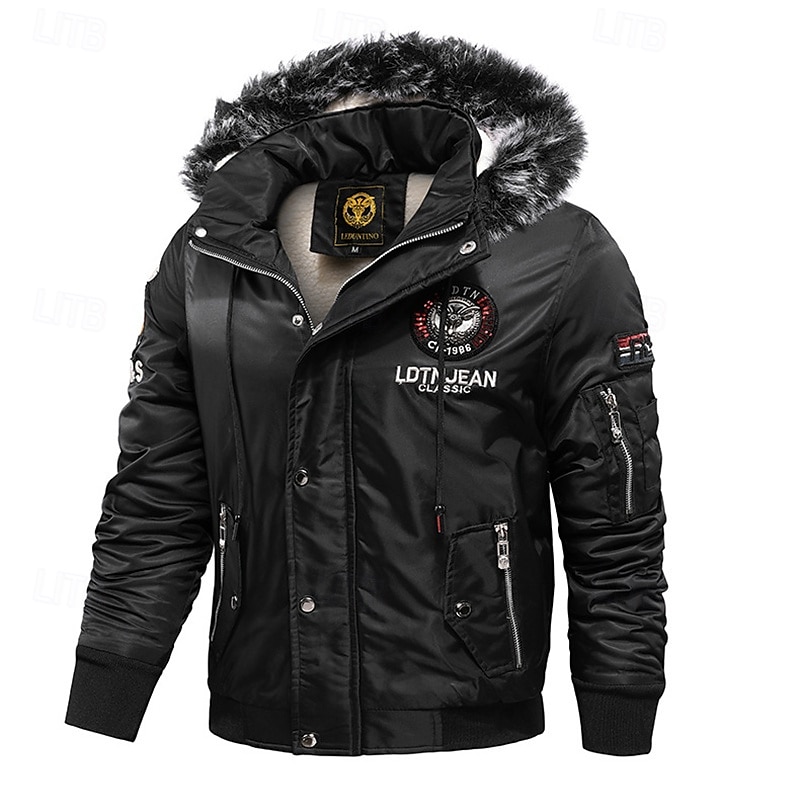 Herre Vinterfrakk Fleece-jakke Parkas Lomme Fleece Polyester Fleecefôr Dagligdagstøy Stevnemøte Feriereise Normal Mote Fritid Bekvem Hold Varm Høst vinter Bokstaver Svart Rød Blå Pufferjakke 2025 - $60.99 –P1