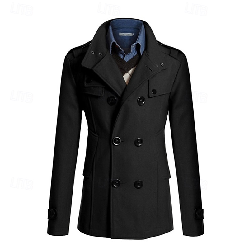 Pánské Polní kabát Peacoat Trenčkot Denní Dovolená Podzim zima Polyester Zahřívací Svrchní oděvy Oblečení Módní Klasické Bez vzoru Kapsy Stojáček Dvouřadé 2025 - $49.99 –P6