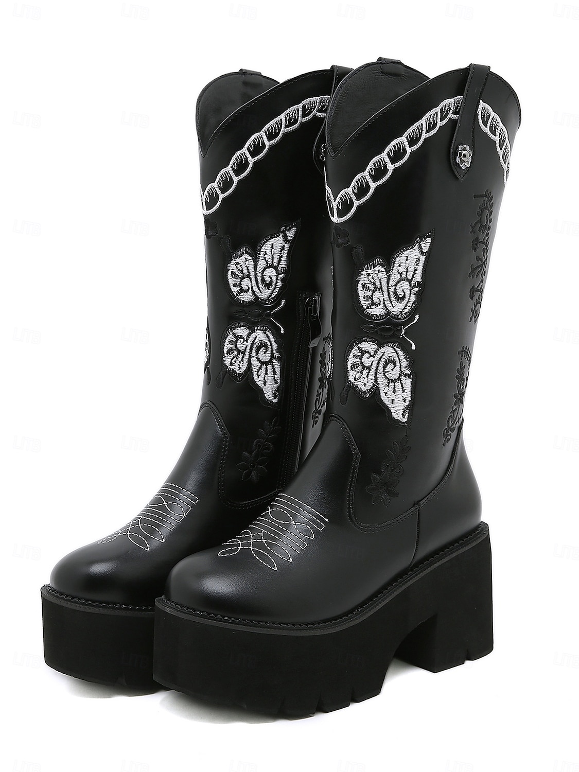 Women's Black Platform Western Cowboy Boots – Embroidered Butterfly Design with Chunky Heel and Side Zipper for Vintage and Modern Styling 2025 - $79.99 –P1
