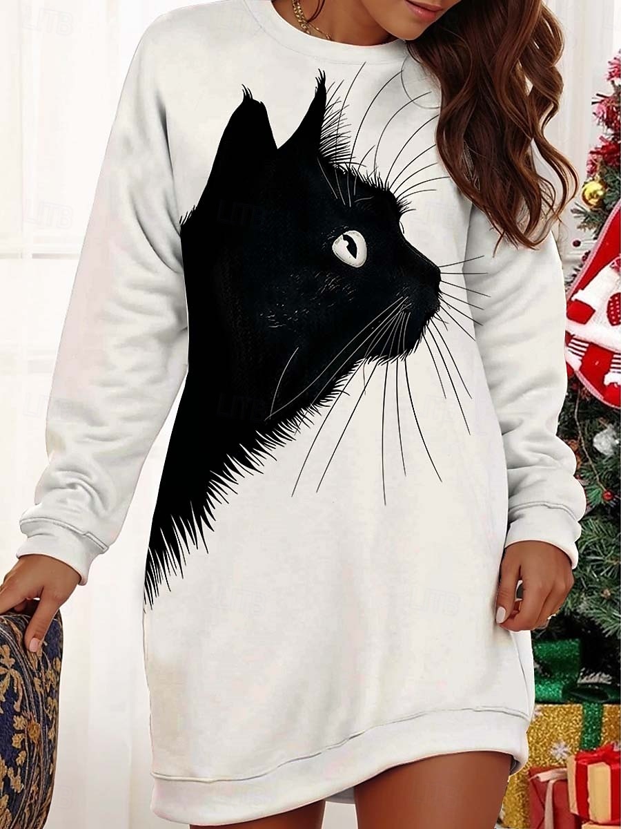 Sukienka maxi damska Sukienka sweatshirt Sukienka codzienna Sukienka petite Sukienka Shift Elegancka Stylowa Wczasy Praca Ulica Regular Fit Kot Długi rękaw Okrągły dekolt Beżowa Jesień Zima 2025 - $27.99 –P1