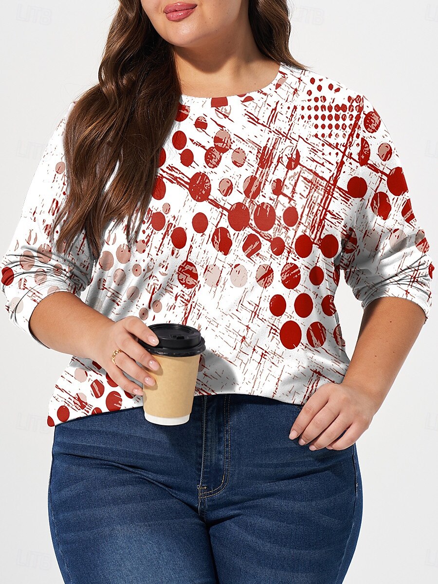 damska koszulka w dużych rozmiarach t-shirt z nadrukiem geometrycznym długi rękaw okrągły dekolt casual codzienny jesień zima czerwony 2025 - $19.99 –P1