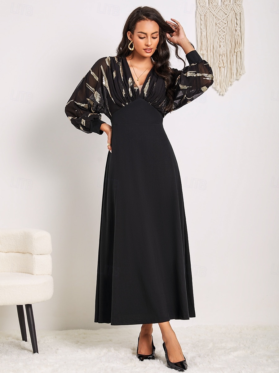 Women's Long Dress Sheer Feather Print Sleeves V-neck Black Festive Party Elegant Maxi Winter Fall Clothing Apparel 2025 - $99.99 –P12
