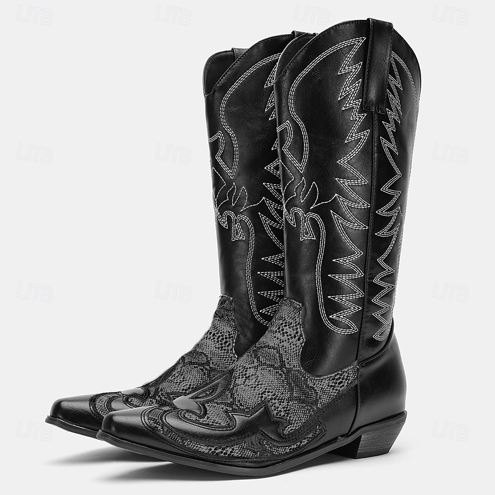 Men's Black and Snake Print Western Cowboy Boots - Exotic Leather with Intricate Embroidery for Rodeo and Casual Wear 2025 - $64.99 –P8