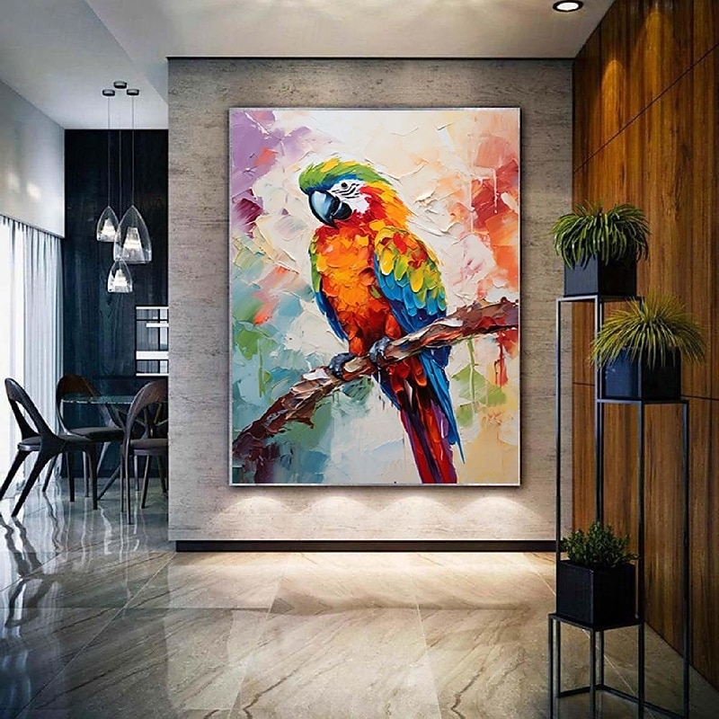 Pintura de loro con espátula grande, pintura al óleo de animales con textura abstracta hecha a mano de gran tamaño, arte de pared, hermosa pintura de pájaros, decoración de pared de sala de estar, 2026 - $119.99 –P3