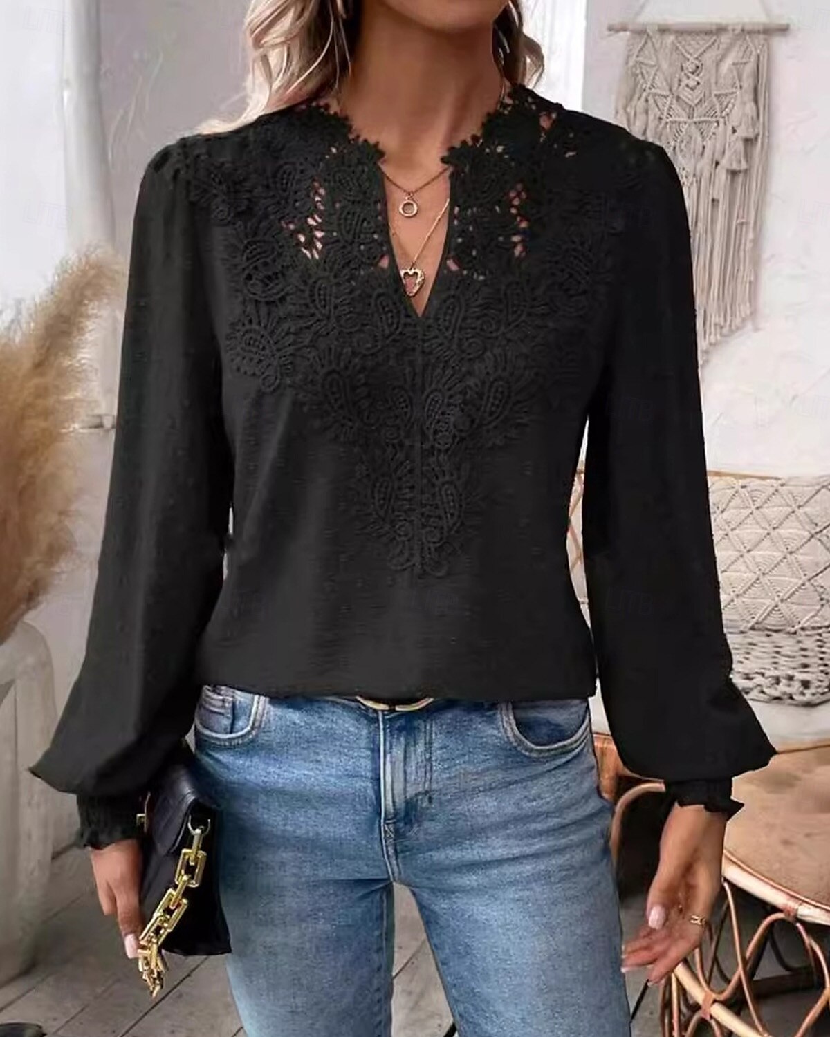 Women's Lace Shirt Stylish Lace Long Sleeve Regular Tops V Neck Work Black Fall Winter 2025 - $21.99 –P4