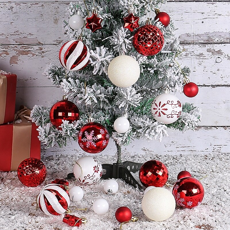 Homewit 30 palline di Natale ornamentali per albero di Natale, 6 cm, in plastica infrangibile, decorazioni per albero di Natale (rosso e bianco