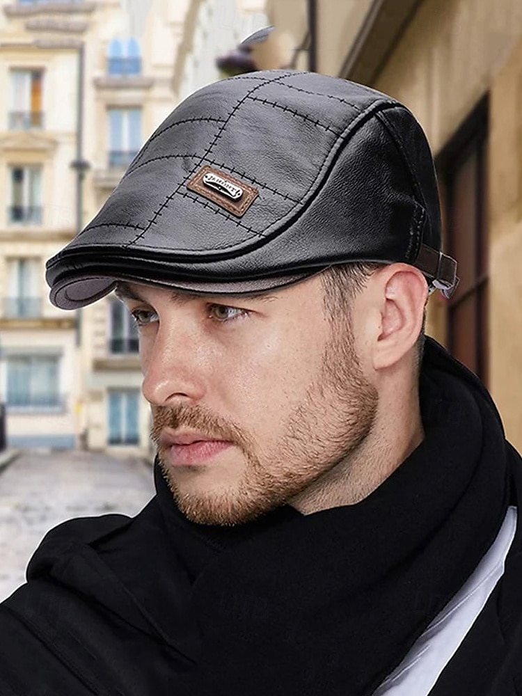 braune Schiebermütze aus Kunstleder für Herren mit gestepptem Design – klassische Vintage-Zeitungsjungenmütze für die Freizeit und den Outdoor-Bereich 2025 - $14.99 –P1