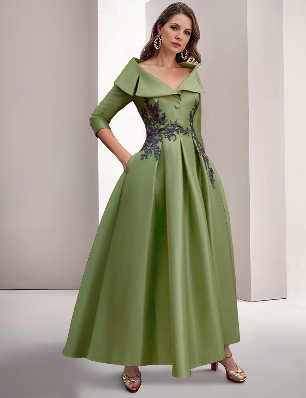 Green Black A-Line Evening Gown Elegant Embroidered Vintage Dress Formal Floor Length 3/4 Length Sleeve Shirt Collar Satin with Appliques 2025 - $189.99 –P1