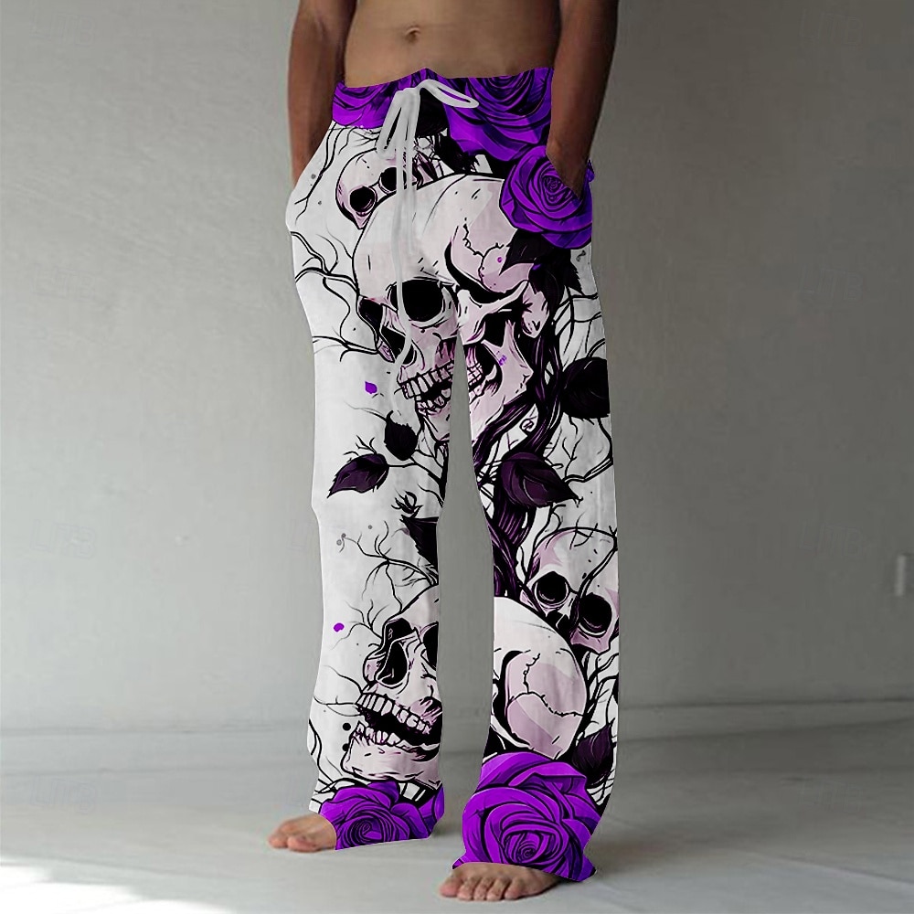 Männer Coole Totenköpfe Rose Hosen Hosen Mittlere Taille Kordelzug Elastischer Bund Hawaiianer Horror Party Abendkleidung Feiertag Gerade Beine Hosen Sommer Frühling Herbst 3D Druck Rot Blau Lila 2026 - $27.99 –P6