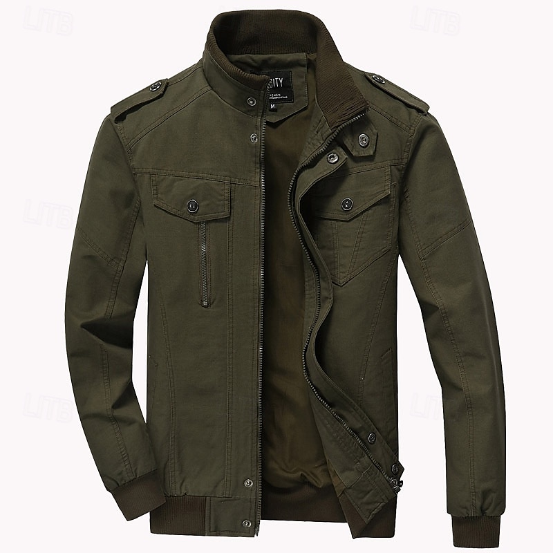 Herren Einsatzjacke übergangsjacke Ausgehen Windjacke Tasche Ganzjahres Einfach Klassisch Stehkragen Regulär Schwarz Khaki Armeegrün Jacken 2025 - $54.99 –P3