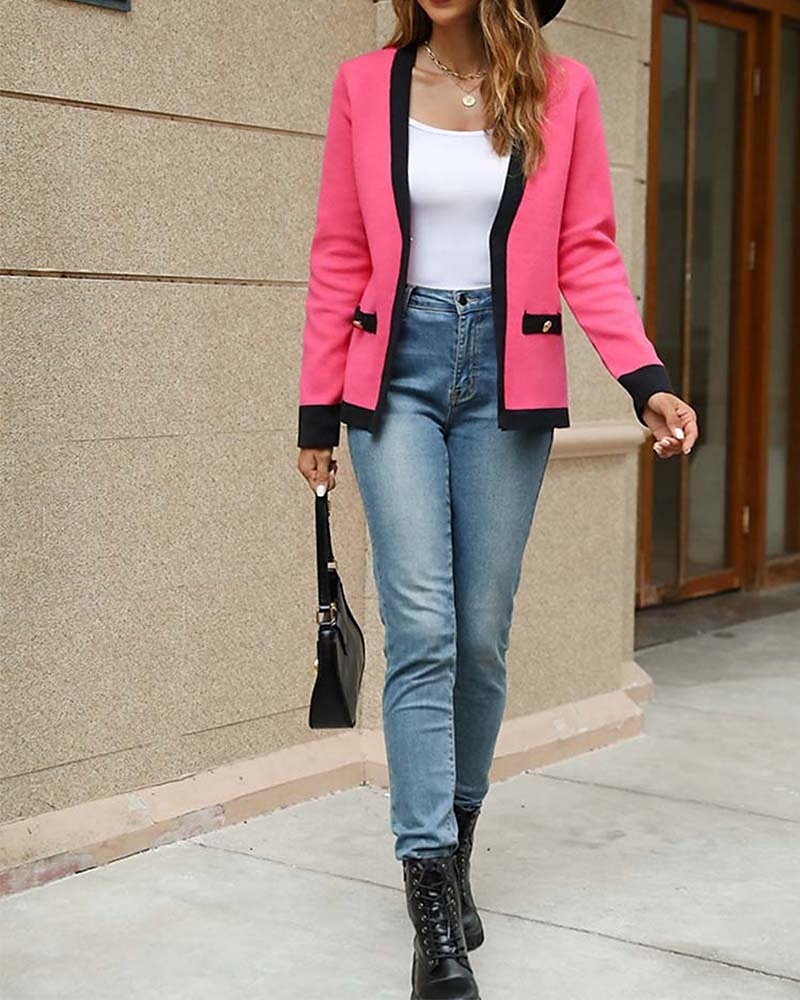 Damen Strickjacke Modisch Täglich Farbblock V Ausschnitt Strick Langarm Normale Oberteile Stricken Arbeit Weiß / Schwarz Intensives Rosa Herbst Winter 2025 - $52.99 –P5
