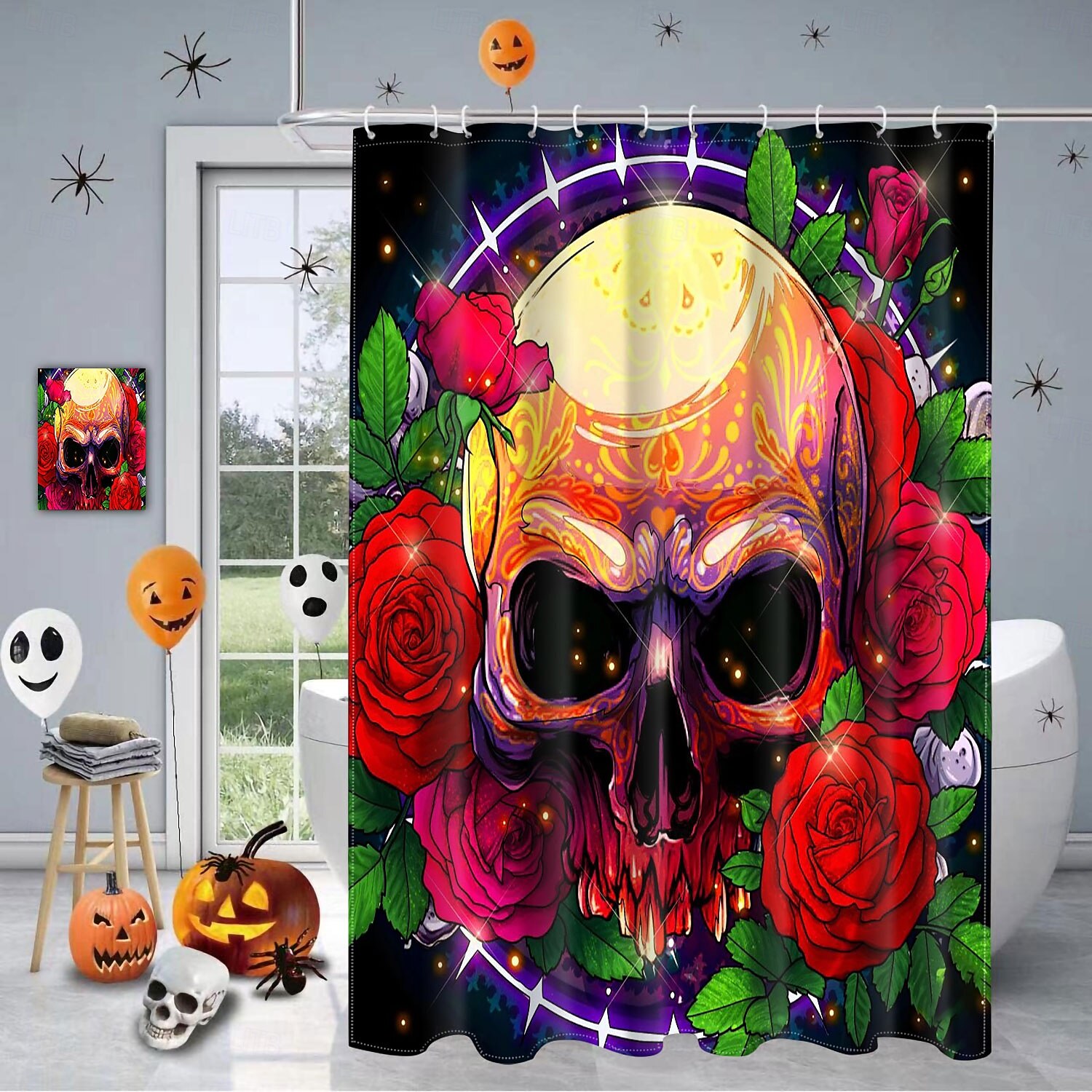cortina de chuveiro de halloween com ganchos para banheiro cortina de chuveiro de caveira conjunto de decoração de banheiro poliéster à prova d'água pacote com 12 ganchos de plástico cabeças de de 2025 por $21.99 –P1