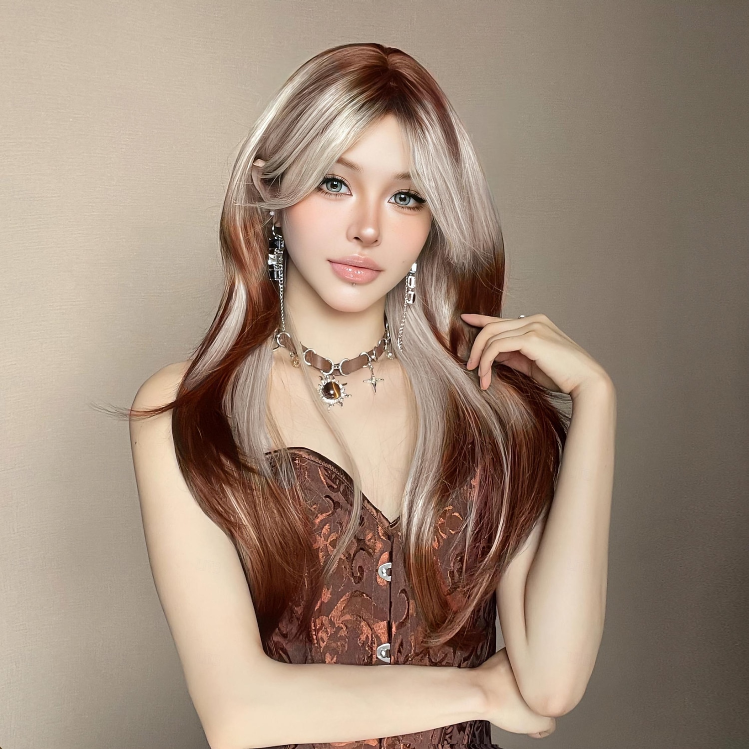 Synthetic Wig Straight kinky Straight Layered Haircut Neat Bang With Bangs Machine Made Wig 22 inch Brown / White Synthetic Hair Women's Cute Cosplay Party Mixed Color 2026 - $29.99 –P1