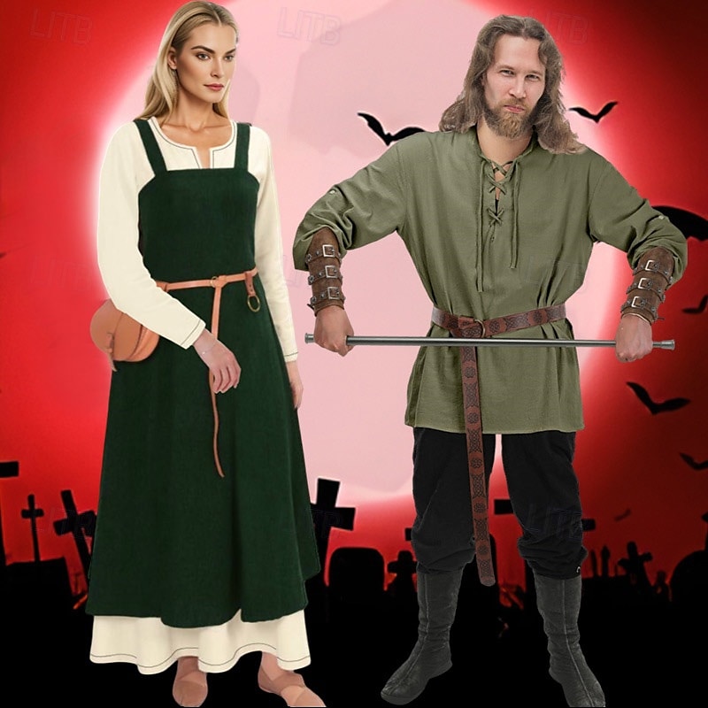 Couples Retro Vintage Medieval Renaissance Outfits Halloween Group Couples Costumes Ankle Length Viking Valhalla Men's Women's for Halloween LARP Ren Faire 2025 - $55.99 –P11