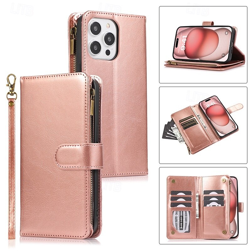 Phone Case For iPhone 16 Pro Max Plus iPhone 15 Pro Max Plus iPhone 14 13 12 11 Pro Max Mini SE X XR XS Max 8 7 Plus Back Cover with Stand Holder Zipper with Wrist Strap Retro TPU PU Leather 2025 - $17.99 –P1