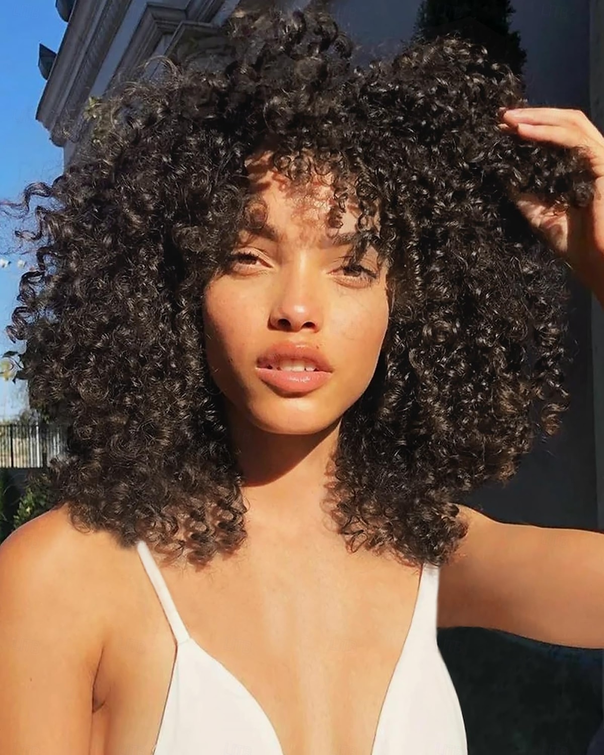 parrucche afro ricce con frangia per donne nere parrucca sintetica riccia crespa resistente al calore per feste quotidiane del 2025 a $18.99 –P1