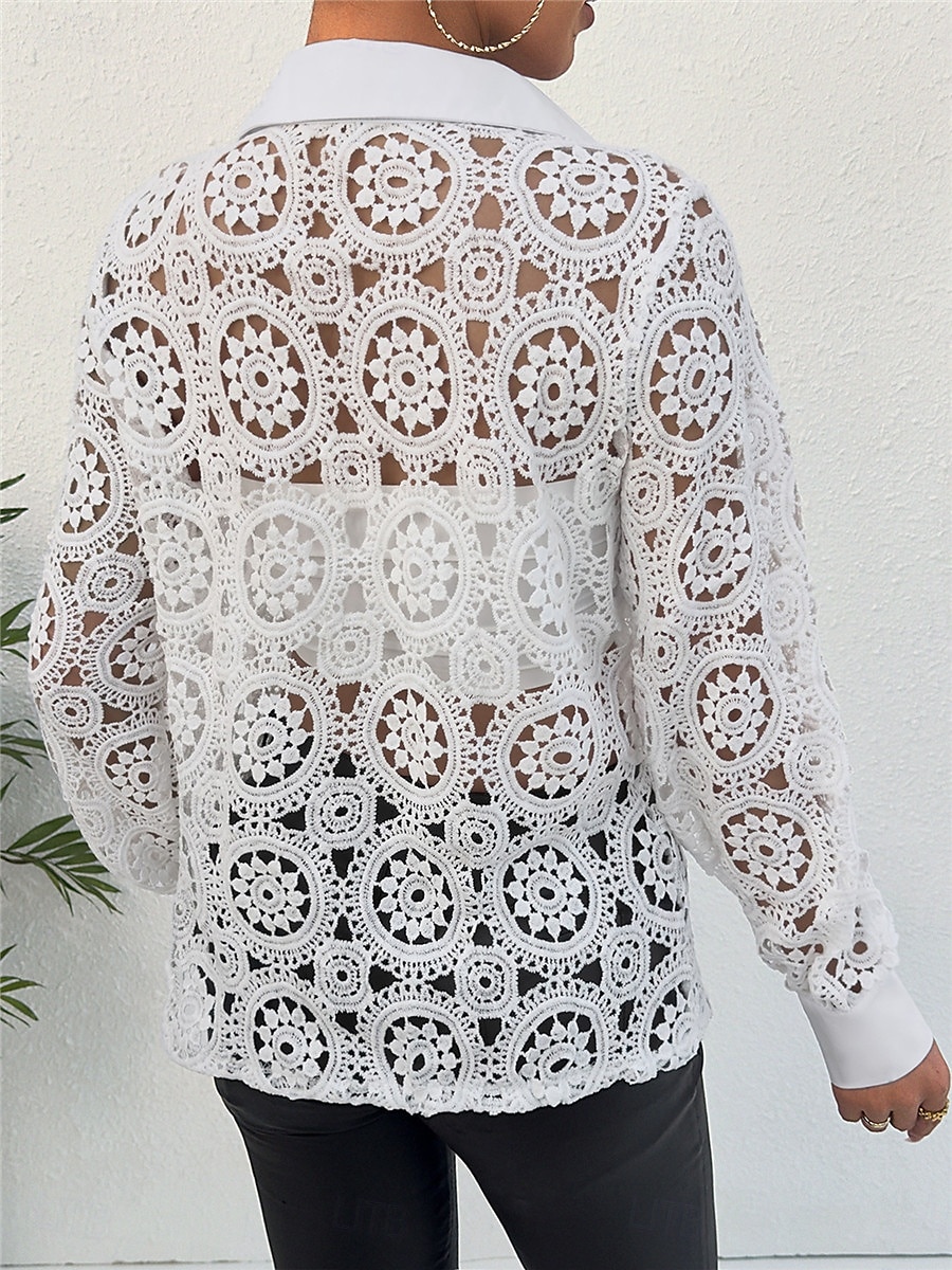 Damen Hemd Bluse Basic Casual Spitze Langarm Normal Oberteile V-Ausschnitt Alltag Ausgehen Weiß Frühling& fallen 2025 - $29.99 –P3