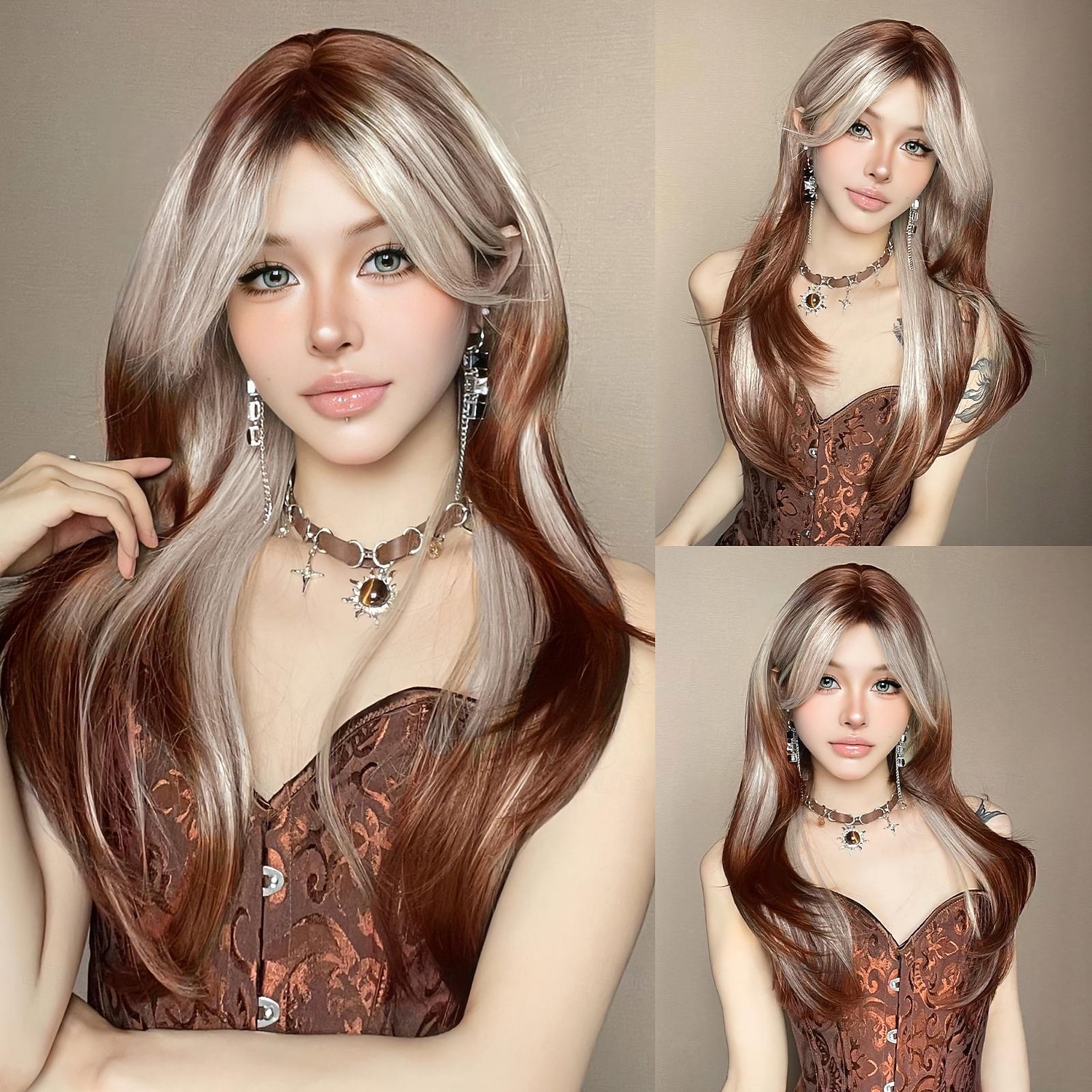 Synthetic Wig Straight kinky Straight Layered Haircut Neat Bang With Bangs Machine Made Wig 22 inch Brown / White Synthetic Hair Women's Cute Cosplay Party Mixed Color 2026 - $29.99 –P4