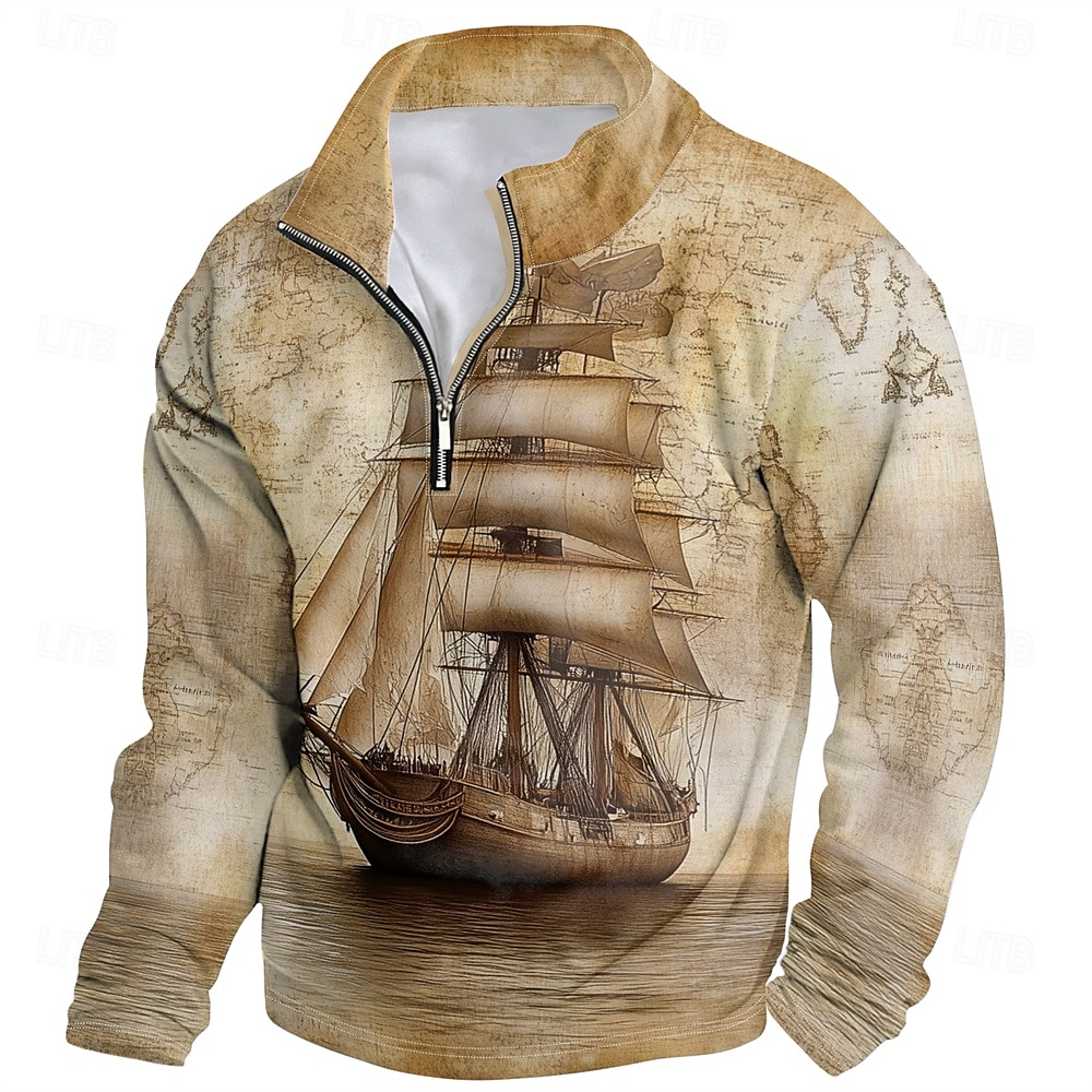 Hombre Graphic Bote Sudaderas Sudadera con un cuarto de cremallera Manga Larga Camisa de entrenamiento Escote Chino Diario Casual retro de la vendimia Impresión 3D Vacaciones Noche Ropa de calle 2025 - $29.99 –P3