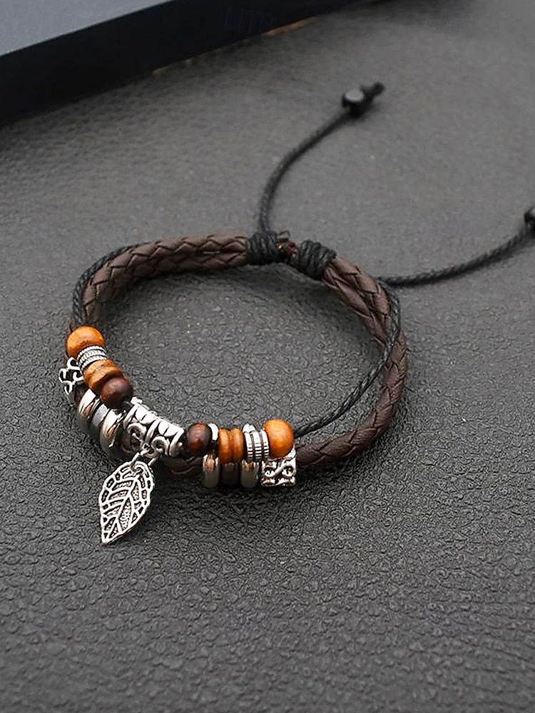 Men's Vintage Faux Leather Charm Bracelets with Wooden Beads and Silver Leaf Pendants - Bohemian Handmade Wristbands for Casual Wear 2025 - $8.99 –P6