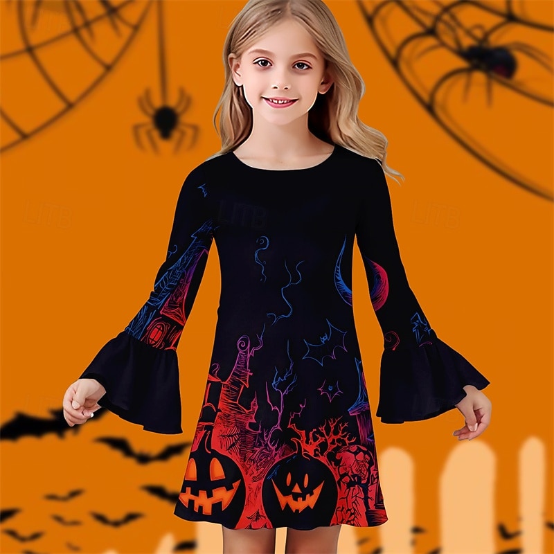 Halloween Tyttöjen 3D Kuvitettu Kurpitsa Mekko Ruffle mekko Pitkähihainen Kesä Kevät Päivittäin Pyhäpäivä Loma Kaunis Halloween Custom Lapset 4-12 vuotta Rento mekko Polvipituinen Polyesteri Normaali 2025 - $16.49 –P3