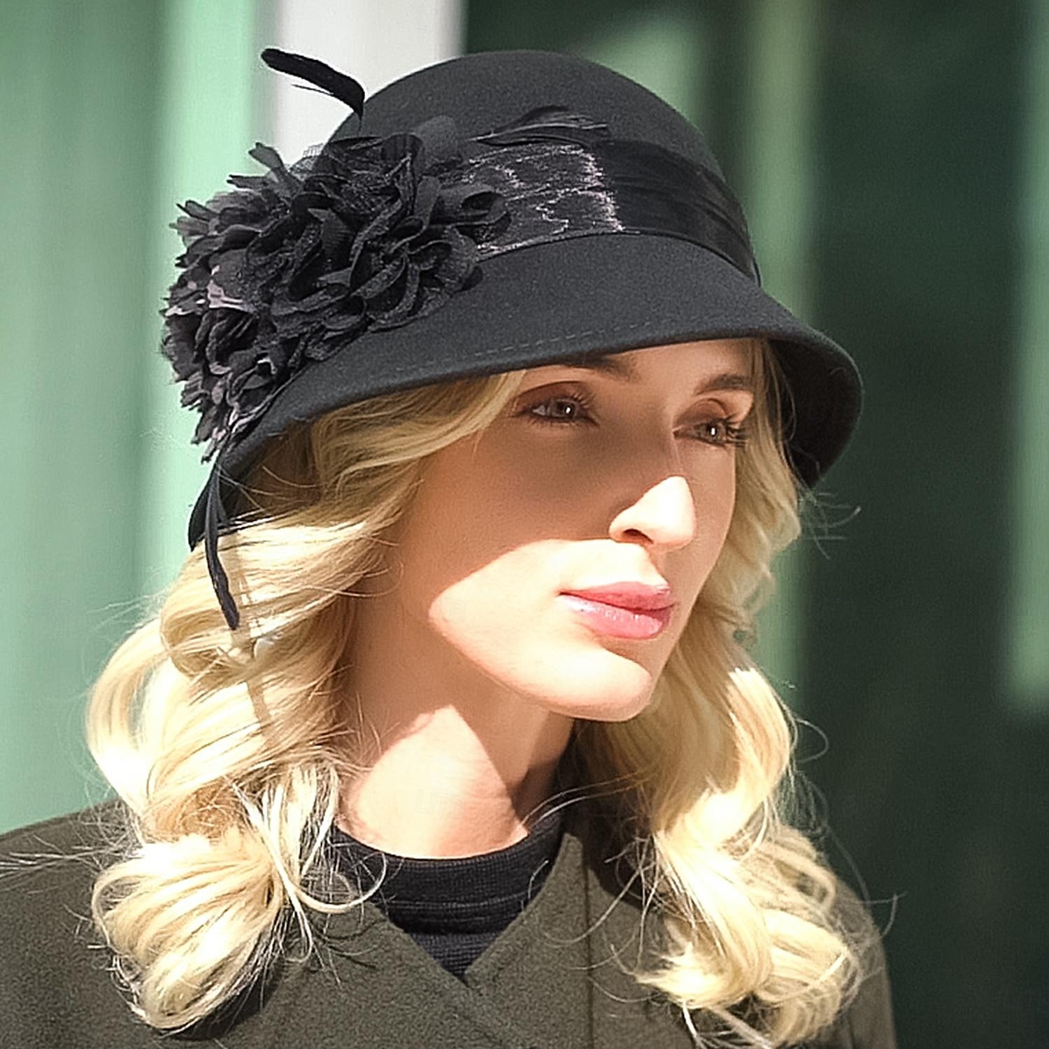 Kalap 100% Gyapjú Fedora kalap Esküvő Hölgyek napja Elegáns Brit Val vel Toll Csipke oldal Sisak Fejfedők 2025 - $45.99 –P12