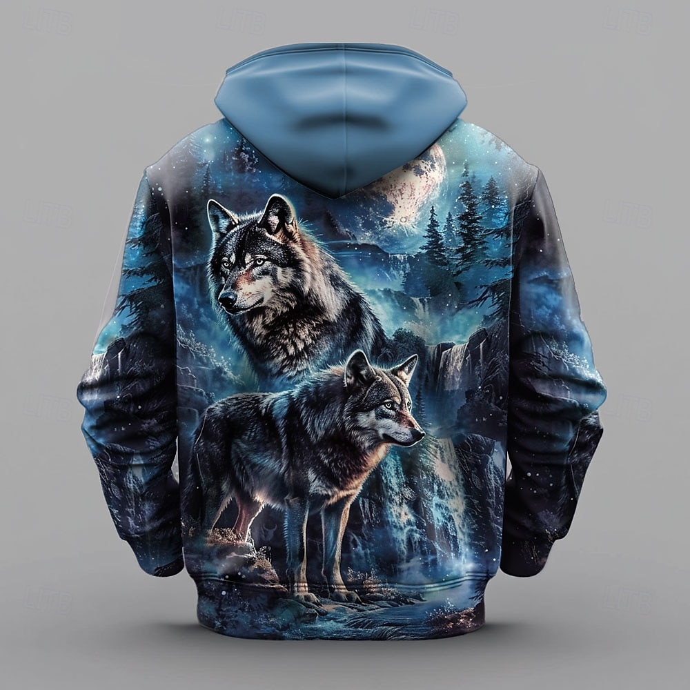 Hombre Lobo Sudadera Sudaderas Sudadera Manga Larga Sudadera con capucha Con Capucha Moda Impresión 3D Festivos Viaje Azul Piscina Cremallera Bolsillo Correa Otoño Invierno Diseñador 2025 - $30.99 –P3