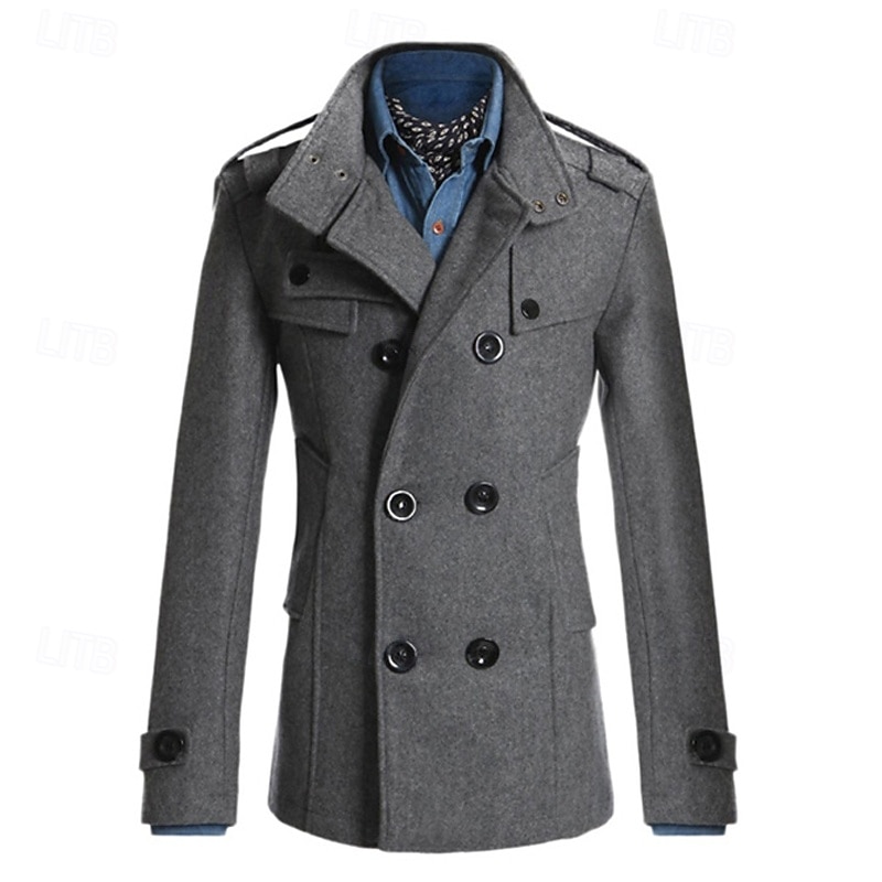 Pánské Polní kabát Peacoat Trenčkot Denní Dovolená Podzim zima Polyester Zahřívací Svrchní oděvy Oblečení Módní Klasické Bez vzoru Kapsy Stojáček Dvouřadé 2025 - $49.99 –P10