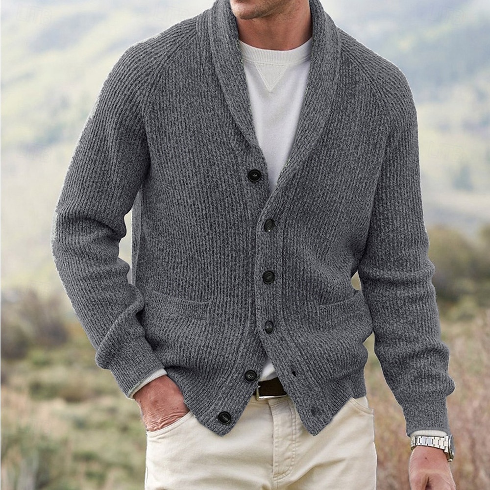 Herren Pullover Strickjacke Kurzer Pullover Gerippt Stricken Knopf Strick Feste Farbe Schalrevers Basic Brautkleider schlicht Täglich Festtage Bekleidung Herbst Winter Schwarz Marineblau S M L 2025 - $38.99 –P4