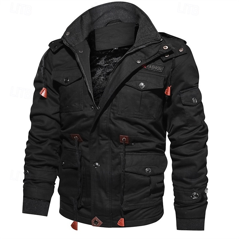 Herr Vinterjacka Fleece-jacka Vardaglig jacka Dagligen Semester Håller värmen Ficka Fleece Höst vinter Slät Mode Streetwear Huva Normal Svart Grön Kaki Jacka 2026 - $57.99 –P5