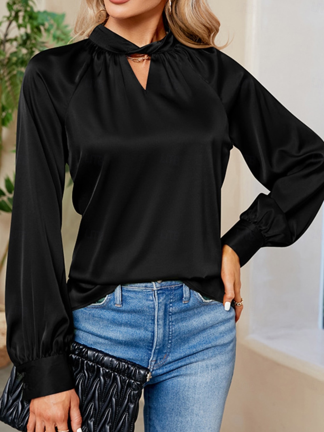 Per donna Camicia Elegant Elegante Raso/Satin Tinta unica Signore Elegante Manica Lunga Scollo a V Top Regolari Feste Lavoro Nodo attorcigliato Nero Bianco Verde Cachi Autunno Inverno del 2025 a $34.99 –P14